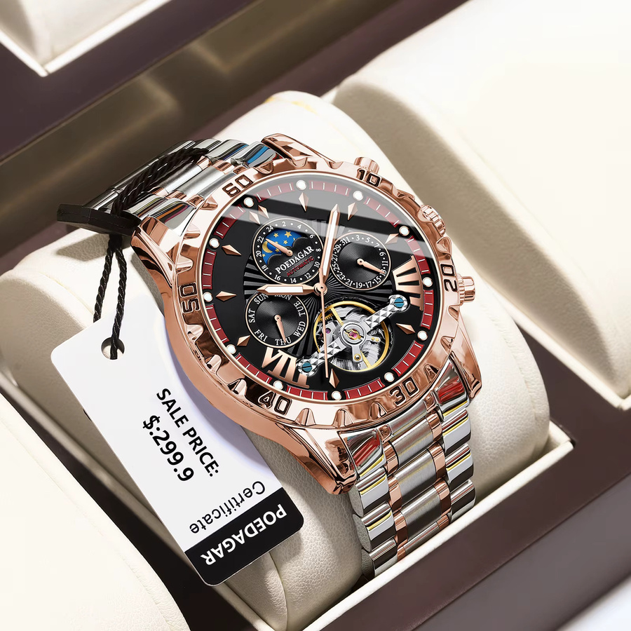 POEDAGAR Armbanduhr Automatik, Edelstahl, Schwarz, Herren - Bild 2