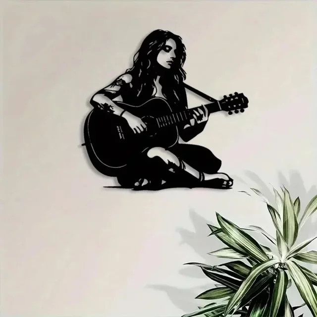 Metall-Wandkunst Lady Guitarist von CIFBUY in Schwarz-Weiß als modernes Eisendekor im Portrait-Stil - Bild 1
