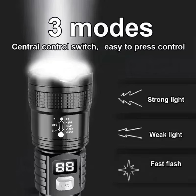 KDULIT Taktische LED Taschenlampe in Schwarz, wiederaufladbare Metall-Taschenlampe für Camping und Outdoor - Bild 2
