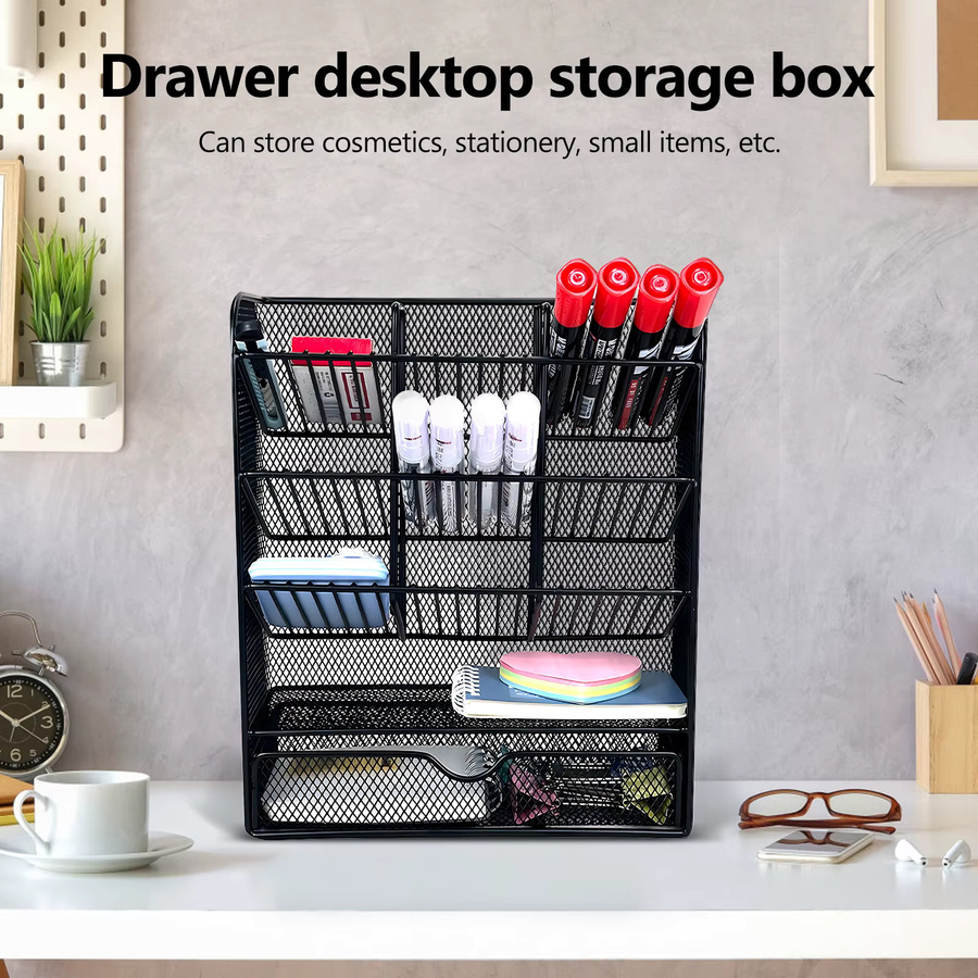 Schreibtisch-Organizer aus Metallgitter in Schwarz mit Schublade und Stifthalter, B/T/H: 25 x 21,2 x 9 cm - Bild 4