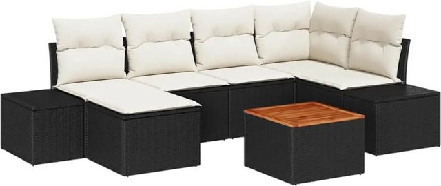 vidaXL Garten-Sofa-Set 7-teilig aus PE-Rattan und Akazienholz in Schwarz-Weiß - Bild 1