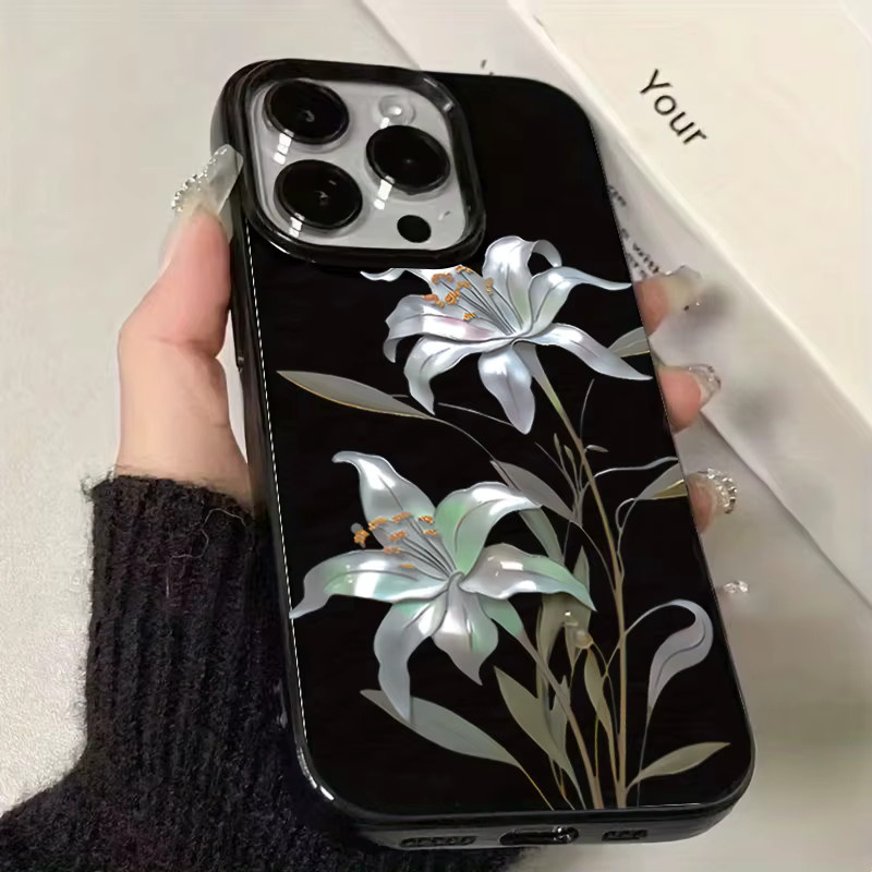 Stoßfeste iPhone Handyhülle mit Ölgemälde Lilie Blumenmuster in Schwarz - Bild 2