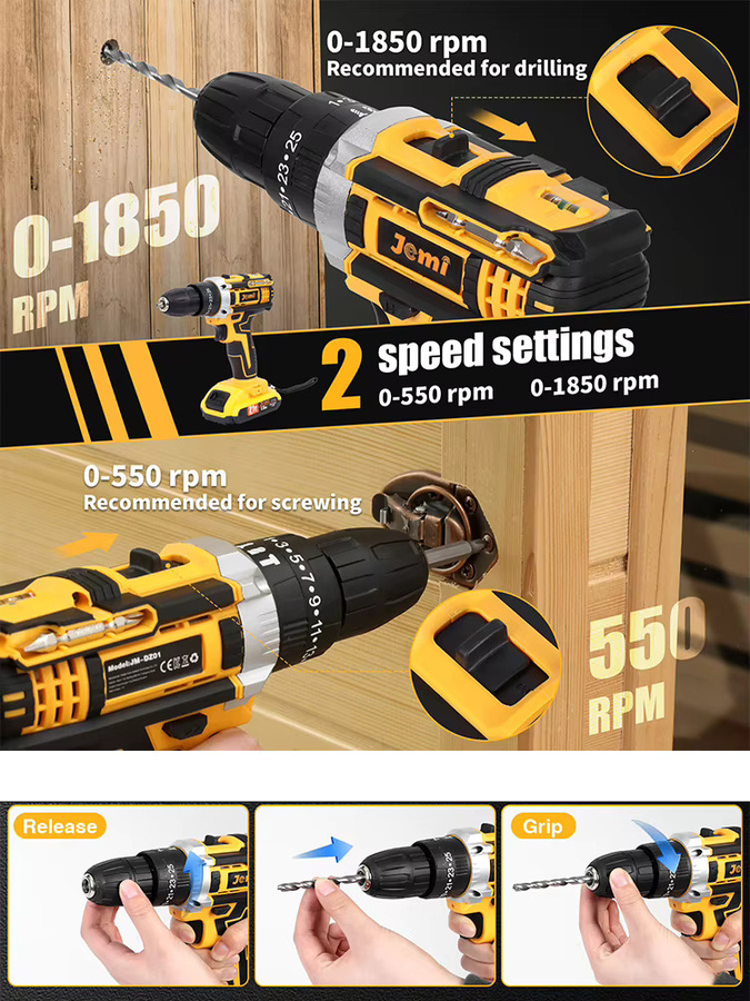 Jemi Tool Akku-Bohrmaschine 12V/21V mit 2 Geschwindigkeiten und 3 Modi zum Bohren und Schrauben - Bild 7