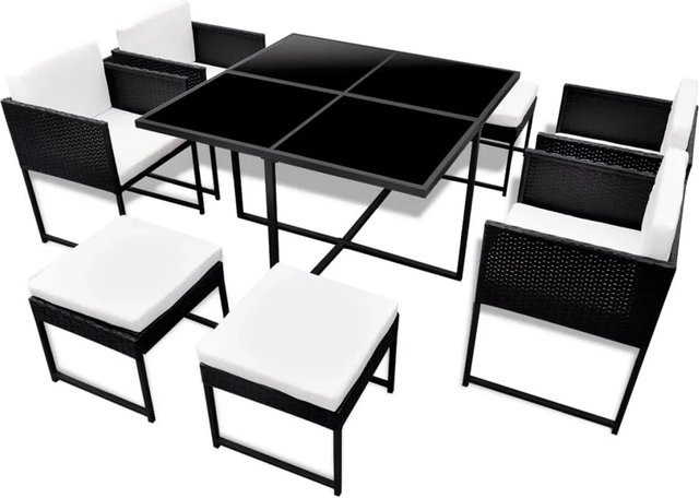 vidaXL 9-tlg Garten-Essgruppe Modell 8 aus Poly Rattan mit Auflagen in Schwarz - Bild 1