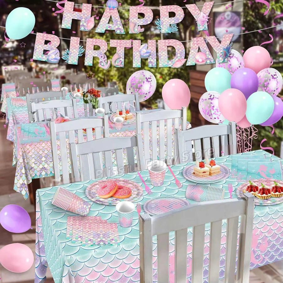 Potdemiel Meerjungfrau Party Dekoration Set in Mehrfarbig für Geburtstag, Baby Shower und Mädchenpartys mit Geschirr, Tellern, Tassen, Servietten, Ballons und Bannern - Bild 2
