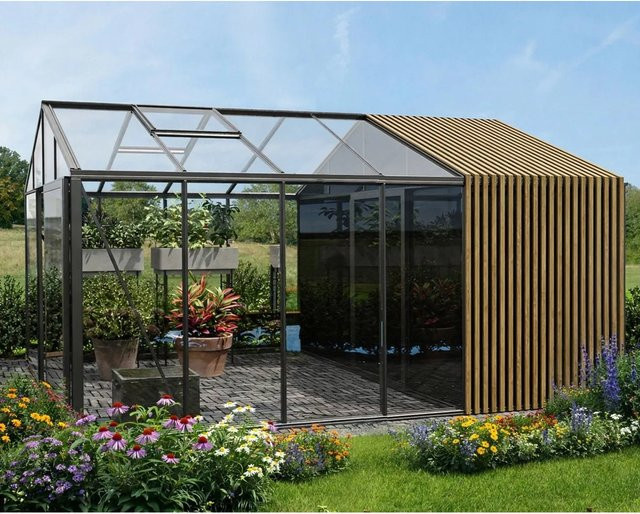 Bloomcabin Gewächshaus Klassik mit Accoya-Fusion und integriertem Stauraum in Schwarz mit Sicherheitsglas und Belüftungssystem - Bild 1