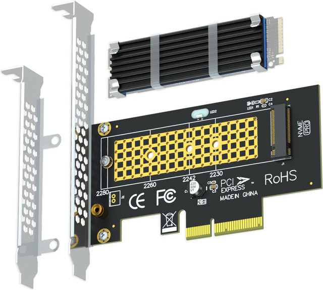 GLOTRENDS M.2 PCIe-Adapter mit Kühlkörper für NVMe SSD, PCIe 4.0 x4 Schnittstelle, Schwarz - Bild 1