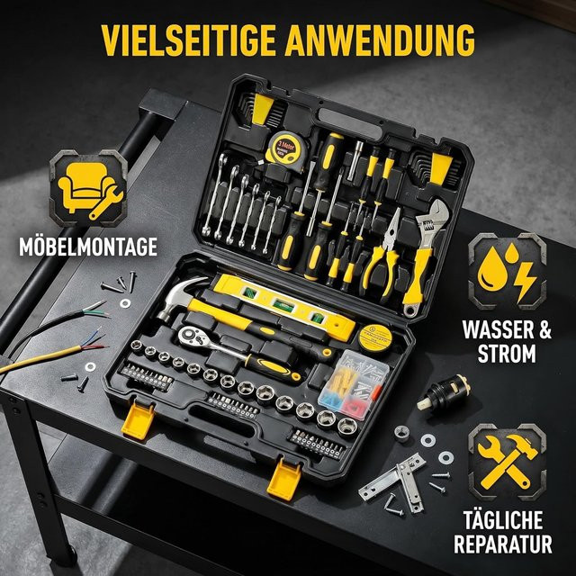 Garvee 108-teiliges Haushaltswerkzeugset in Schwarz mit Hammer, Zangen, Schraubendrehern und Steckschlüsseln in einer tragbaren Werkzeugbox - Bild 1