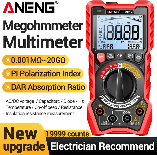 ANENG 2-in-1 Digitalmultimeter und Isolationswiderstandsmessgerät MH17 mit True RMS, wiederaufladbar, Rot - Bild 1