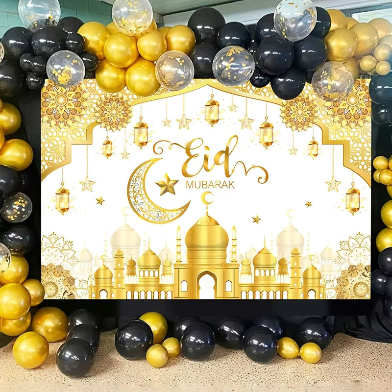 VIKAMA Eid Al Fitr Mubarak Hintergrundbanner Gold, Textil Wanddekoration für Ramadan und Muslimische Feste mit Mond- und geometrischen Ornamenten - Bild 2