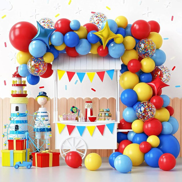 RENYUAN 112-teiliges Karneval-Zirkus-Ballon-Girlanden-Set in Rot, Blau und Gelb für Kindergeburtstage und Zirkus-Themenpartys - Bild 1