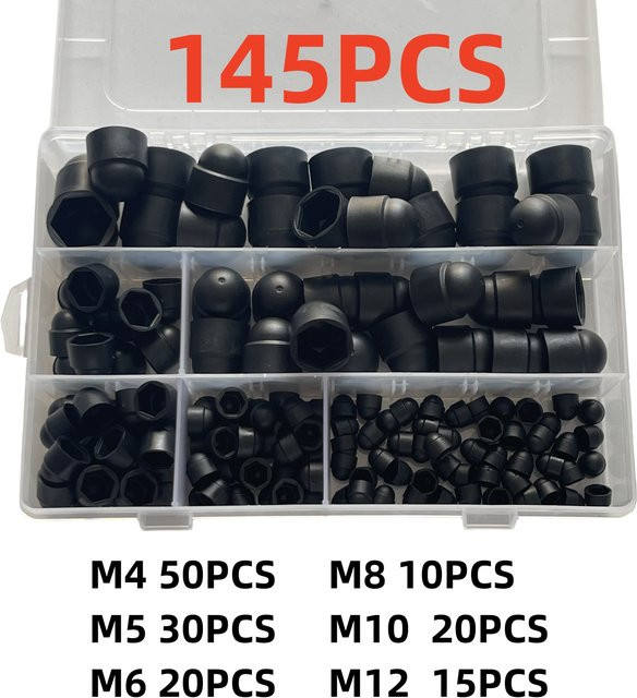 145 Stück Sechskantmutter-Schraubenabdeckung aus Nylon in Schwarz, Schraubkappen Set für M4-M12, schützende Kuppel-Abdeckungen für Sechskantschrauben und Bolzen - Bild 1