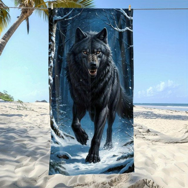 JMG Household Supplies Strandtuch mit Wolfdruck, Schwarz, schnelltrocknende Mikrofaser, B/B/H: 90 x 180 cm - Bild 1