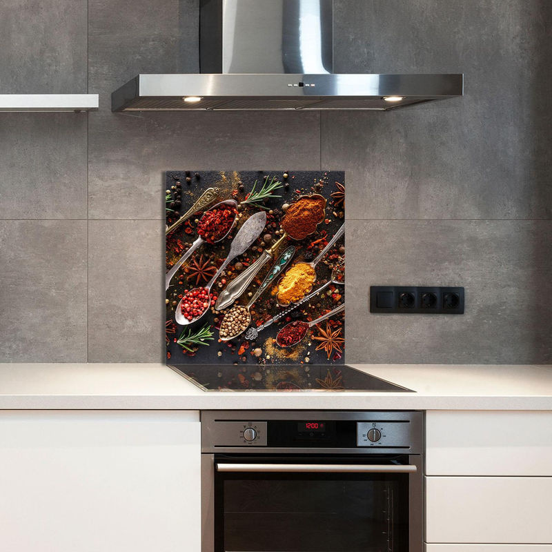 Modernes Küchenglas Paneel mit abstraktem Gewürz-Design, wandmontiert, mehrfarbig, Breite: 60 cm, Höhe: 65 cm - Bild 3