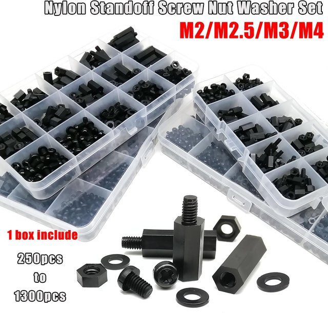 HZYUEGOU Nylon Abstandshalter Set aus schwarzem Kunststoff mit Sechskantsäulen, Schrauben, Muttern und Unterlegscheiben in den Größen M2, M2,5, M3 und M4 - Bild 1