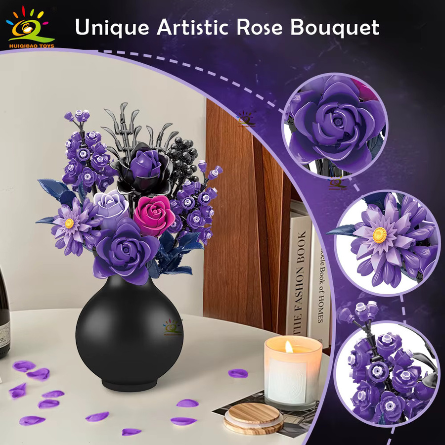 HUIQIBAO Rose Blume Modell Bausteine, Lila Schwarz, DIY Bouquet - Bild 3