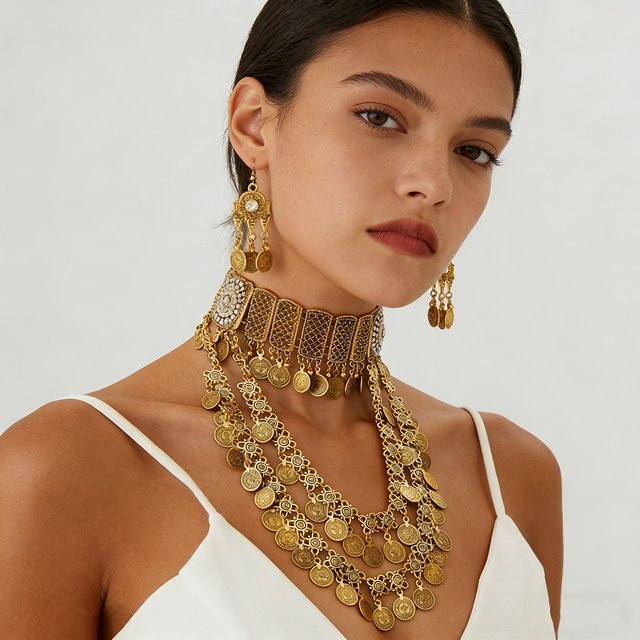 TopHanqi Halskette und Ohrringe, Gold, Boho-Stil, Damen - Bild 1
