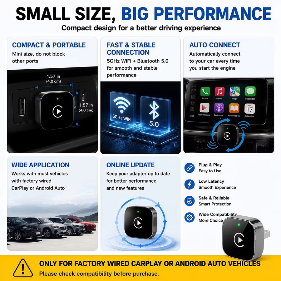 Vyvylabs 2-in-1 Kabelloser CarPlay-Adapter und USB-C Konverter in Schwarz für iOS 10+ und Android 11+ mit USB-A und USB-C Unterstützung - Bild 8