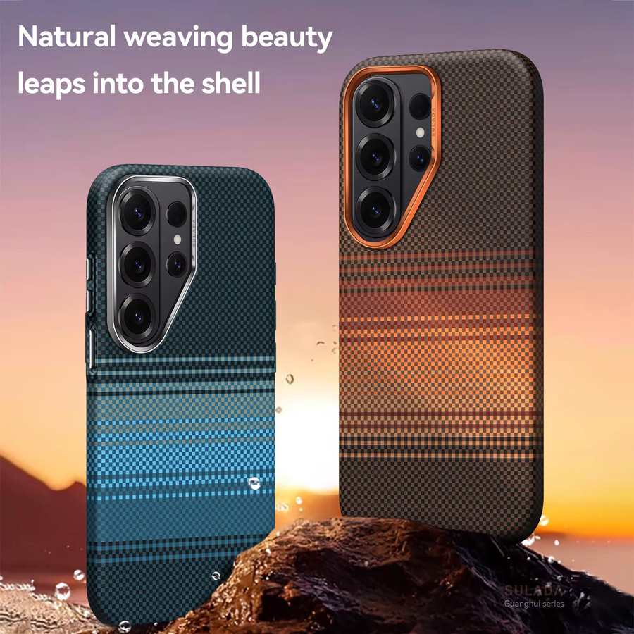 Stoßfeste magnetische Business-Schutzhülle für Samsung Galaxy S26 Ultra, S26+ und S26 in Blau mit kabelloser Ladefunktion und Carbonfaser-Design - Bild 1