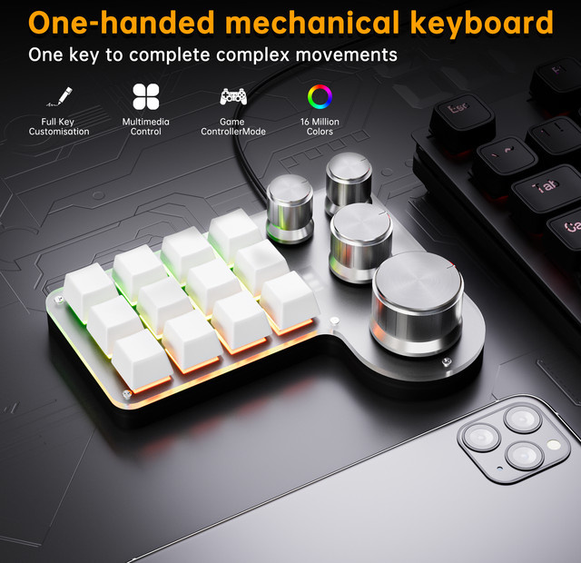 GGBEE Programmierbare Makro-Tastatur mit 12 Tasten und 4 Knöpfen, RGB Gaming-Tastatur in Schwarz, Hot-Swap-fähig, mit Bluetooth, 2,4 G und USB-Verbindung - Bild 1