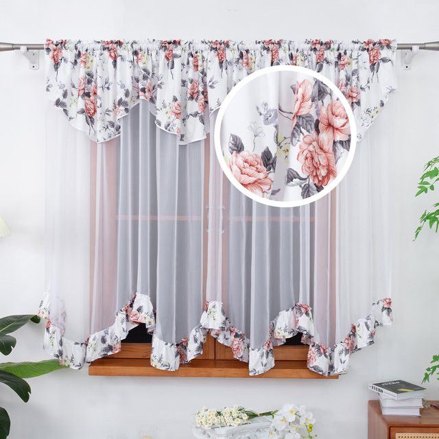 FLYINGCURTAINS Schleier-Vorhang mit ländlichem Blumenmuster und Spitzenbesatz in Weiß, lichtfilternd - Bild 1