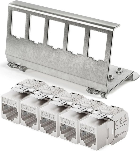 hb-digital Hutschienenadapter 5 Port mit CAT 7 Keystone Modul RJ46 in Silber - Bild 1