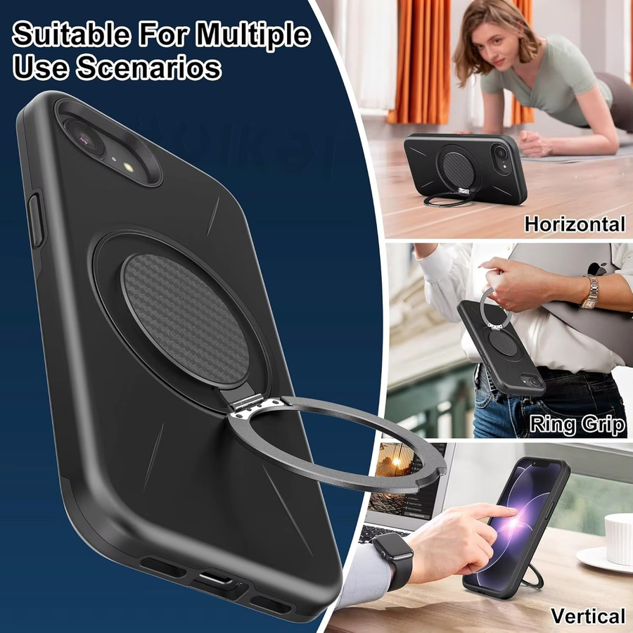 Huikai Magnetische Schutzhülle für iPhone 17e und 16e mit Ständer in Schwarz, Carbonfaser-Design, Stoßfeste TPU PC Hülle mit militärischem Schutzgrad - Bild 4