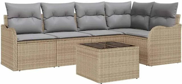 vidaXL Garten-Sofa-Set aus Polyrattan in Beige-grau mit 6-teiliger Polsterung und Kissen in L-Form - Bild 1