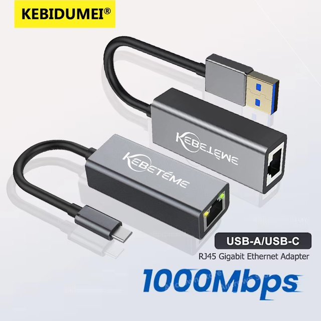 Kebidu USB-C auf RJ45 Ethernet-Adapter, USB 3.0 LAN-Netzwerkkarte für PC, MacBook und Windows Laptop, Grau, 10/100/1000 Mbit/s - Bild 1