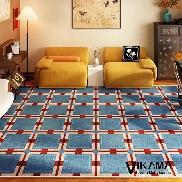 VIKAMA Klassischer karierter Loop-Pile-Teppich in Blau, rutschfest und waschbar, B/T: 160 x 120 cm - Bild 1