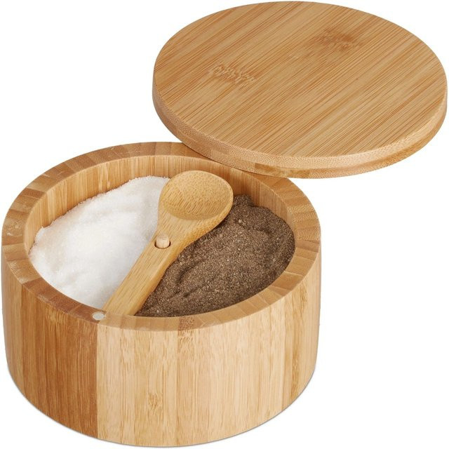 Relaxdays Salzbehälter aus Bambus in Natur mit Deckel, B: 6,5 cm, H: 12,5 cm - Bild 1