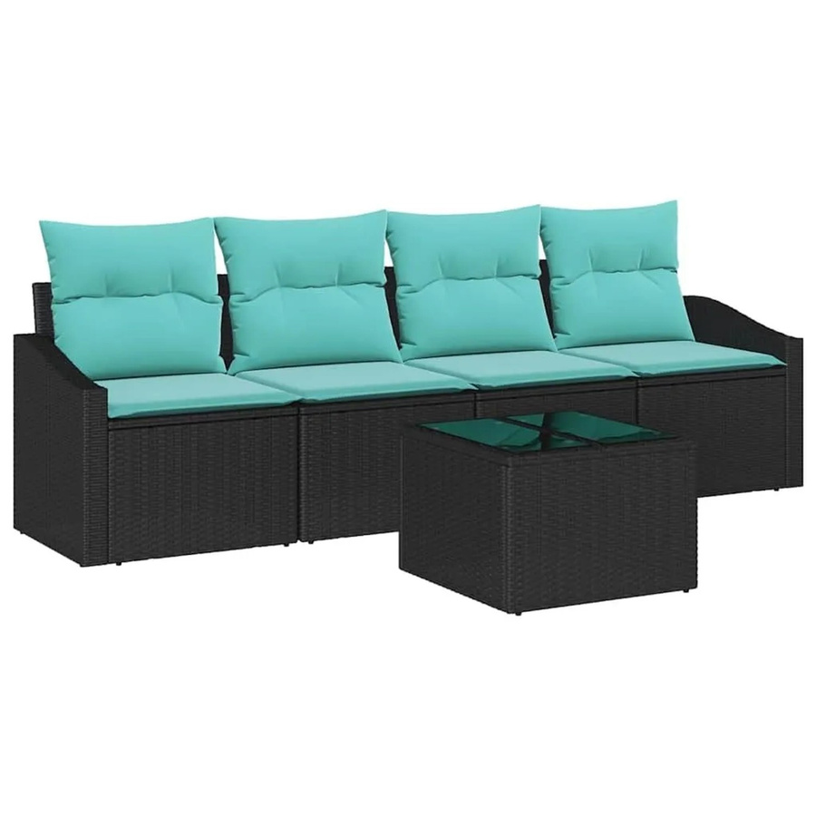 vidaXL Sofa Set aus Poly Rattan mit Kissen in Schwarz und Türkis, 5-teilig mit Tisch und Armlehnen - Bild 2