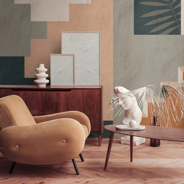 mural Fototapete Architektur Mid-Century Design in Grün, Blau, Orange und Beige, B: 371 cm, H: 280 cm - Bild 1