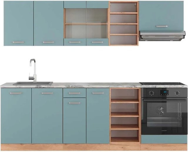 Vicco R-Line Küchenzeile Blau-Grau Goldkraft Eiche mit Marmor-Optik, Breite: 240 cm - Bild 1