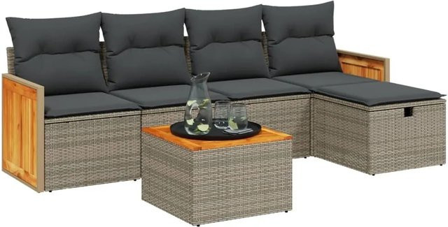 vidaXL 6-teilige Garten-Sofagarnitur in L-Form mit Polsterkissen, Grau, Polyrattan und Metallgestell - Bild 1