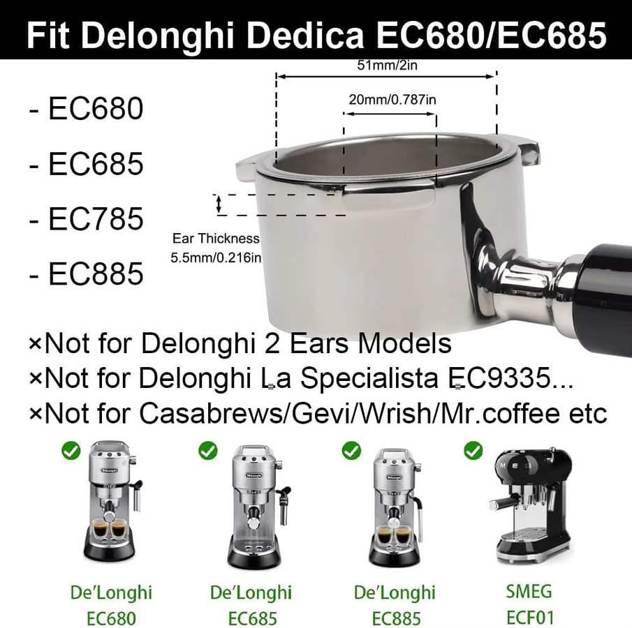 Ungefilterter Siebträger Filterkorb 51mm für Delonghi EC680 EC685 Espresso Maschinen aus Edelstahl - Bild 3