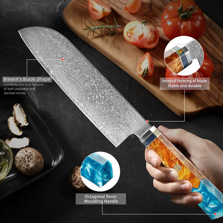 XITUO Professionelles Santoku-Messer aus japanischem Damaszener Stahl mit stabilisiertem Holzgriff in Multicolour - Bild 3