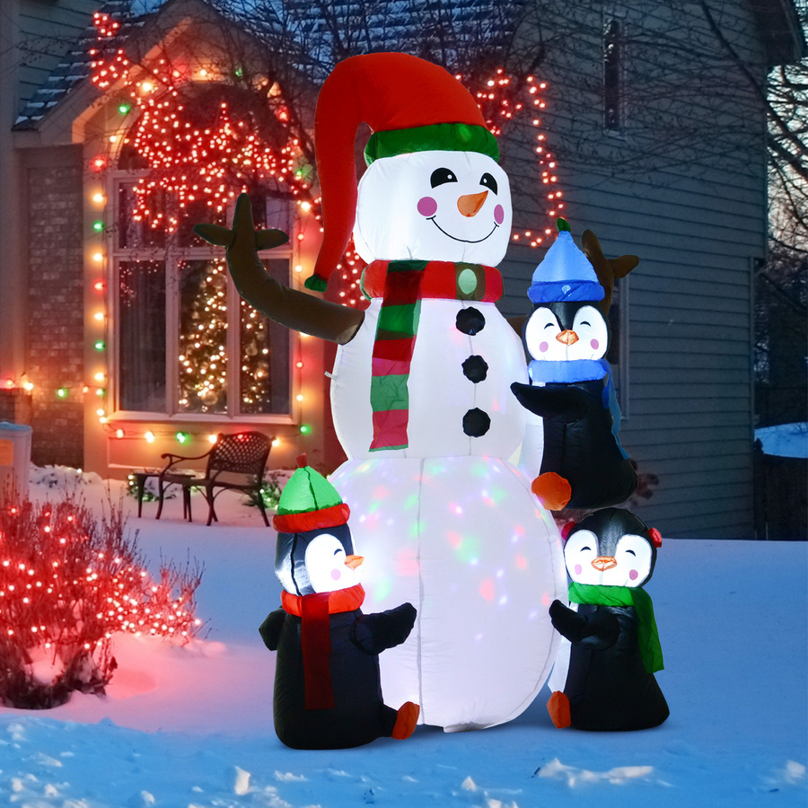 HOMCOM Aufblasbarer Weihnachts-Schneemann mit 3 Pinguinen und LED-Beleuchtung, Weiß-Rot-Schwarz, B/T/H: 140 x 70 x 180 cm - Bild 2