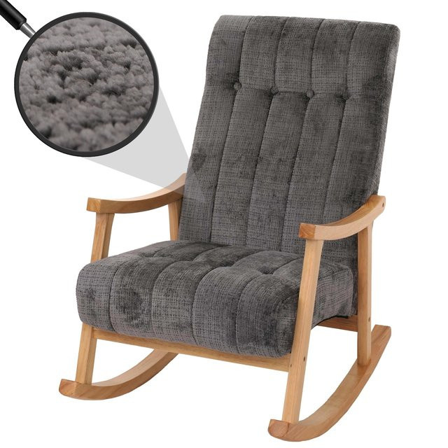 Schaukelstuhl MCW-K10 Relaxsessel mit Chenille-Stoffbezug in Dunkelgrau und Naturholz-Gestell - Bild 1