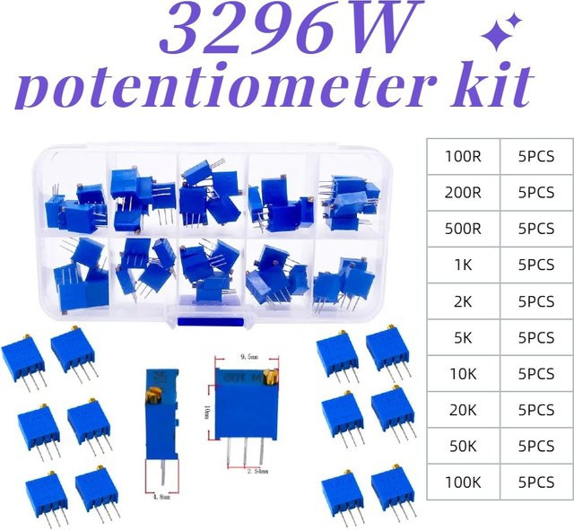50 Stück 3296W Mehrgang-Präzisions-Einstellwiderstände Trimmer-Potentiometer Set in Blau mit verschiedenen Widerstandswerten für ESC-Kits - Bild 1