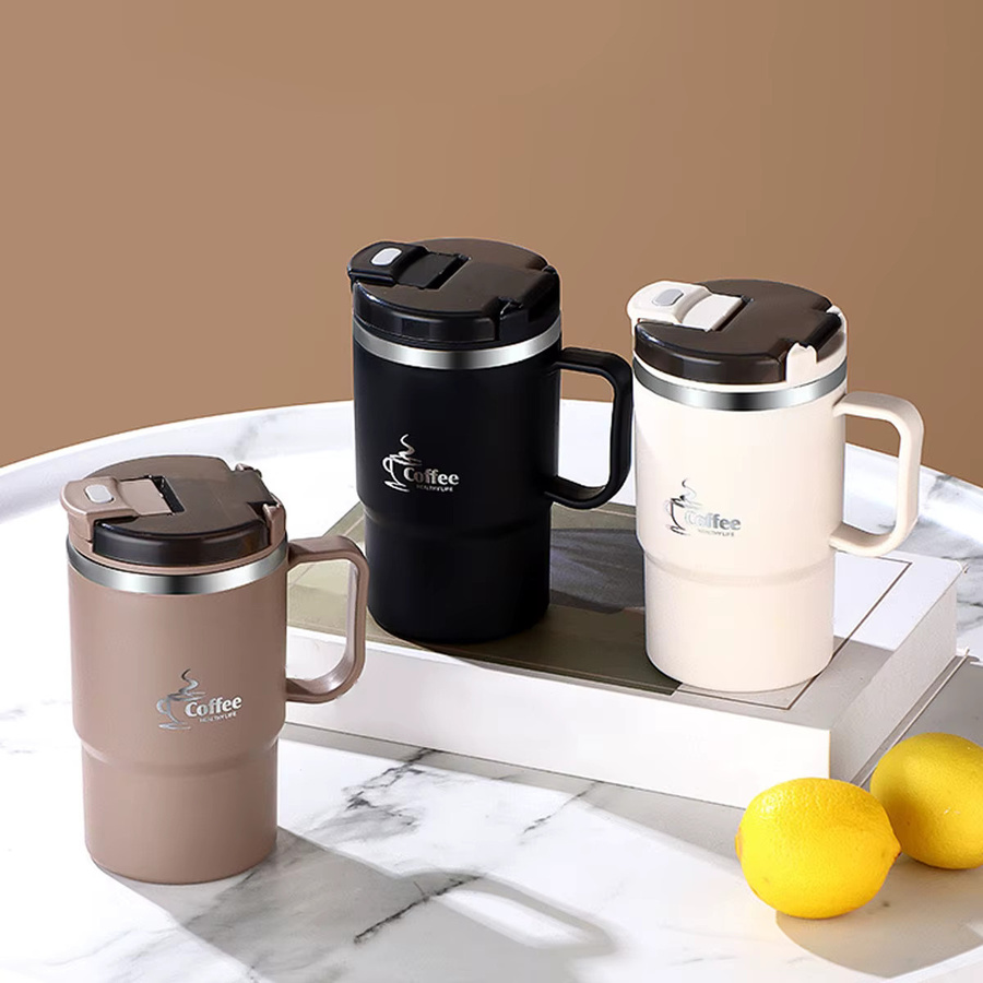 WORTHBUY Isolierter Kaffeebecher aus Edelstahl mit Löffel und Teesieb, Braun, 450 ml - Bild 2