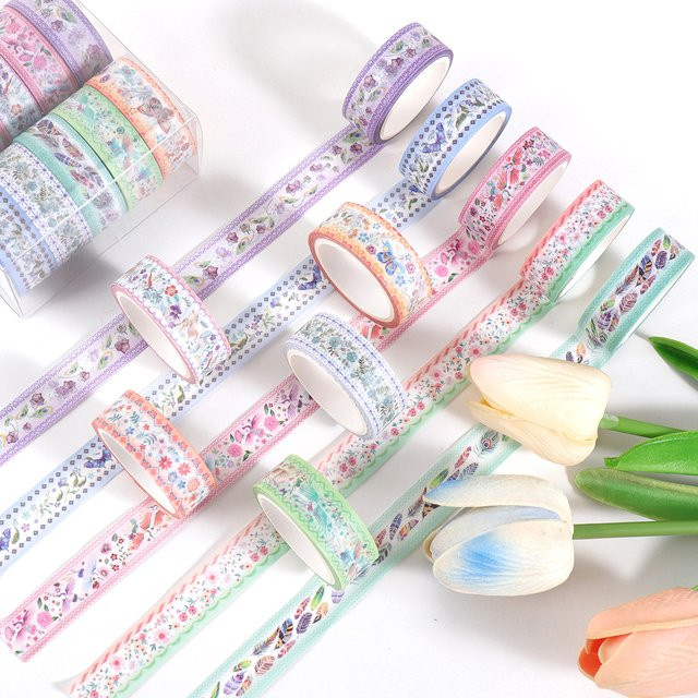 10 Rollen Washi-Klebeband in Multicolour mit Schmetterlings-, Pflanzen- und Blumenmustern für deine kreativen DIY-Dekorationen - Bild 1