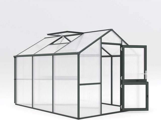 KGT Gewächshaus Iris III in Tannengrün mit 7,5 m² Fläche, Aluminiumrahmen und Polycarbonat-Verglasung inklusive geteilter Drehtür, automatischem Fensteröffner und Regenrinnen - Bild 1
