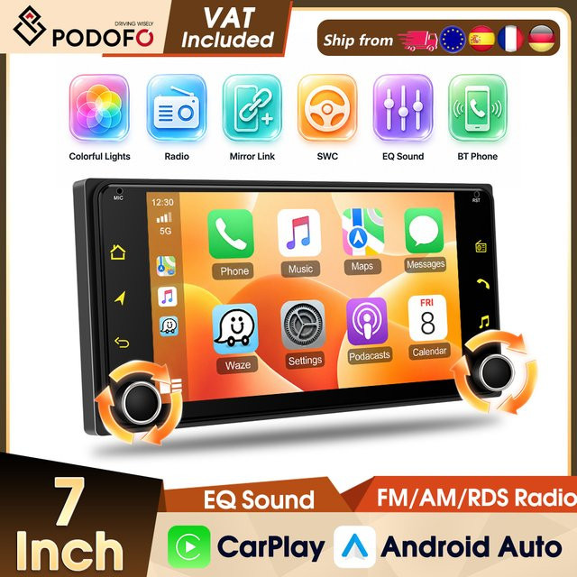 Podofo 7 Zoll 2Din MP5 Autoradio Stereo mit Wireless CarPlay und Android Auto für Toyota Prado 4Runner Tundra Fortuner Alphard Echo Land Cruiser 100 in Schwarz - Bild 1