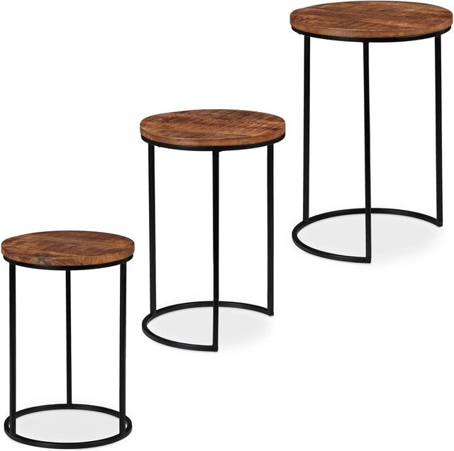 Relaxdays Satztisch 3er Set aus Mangoholz und Metall in Schwarz und Braun im Industrial Design, Nestbar - Bild 1