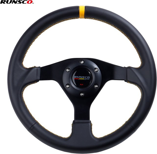 Runsco Racing Drift Lenkrad aus echtem Leder für PC Sim Racing, 12,6 Zoll, Schwarz-Gelb, Aluminium 6061-T6, PCD 70 mm - Bild 1