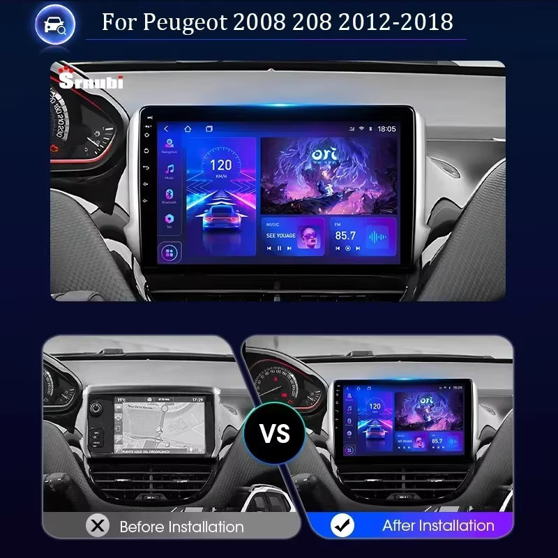 srnubi Drahtloses CarPlay Autoradio für Peugeot 2008 208 2012–2018, Multimedia-Video-Player mit Stereo-Navigation und DVD-Kopfeinheit, Schwarz - Bild 2