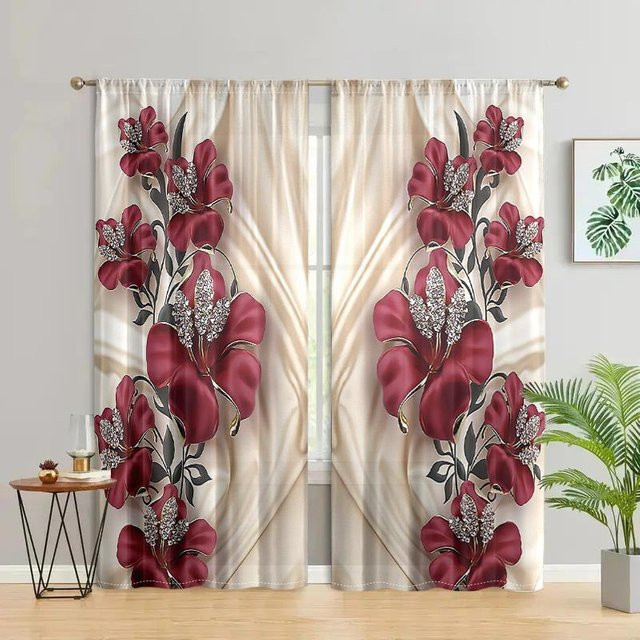 2er-Set florale Vorhänge aus seidigem Stoff in Rot mit modernem Design, halbtransparent, Breite: 150 cm, Höhe: 166 cm - Bild 1