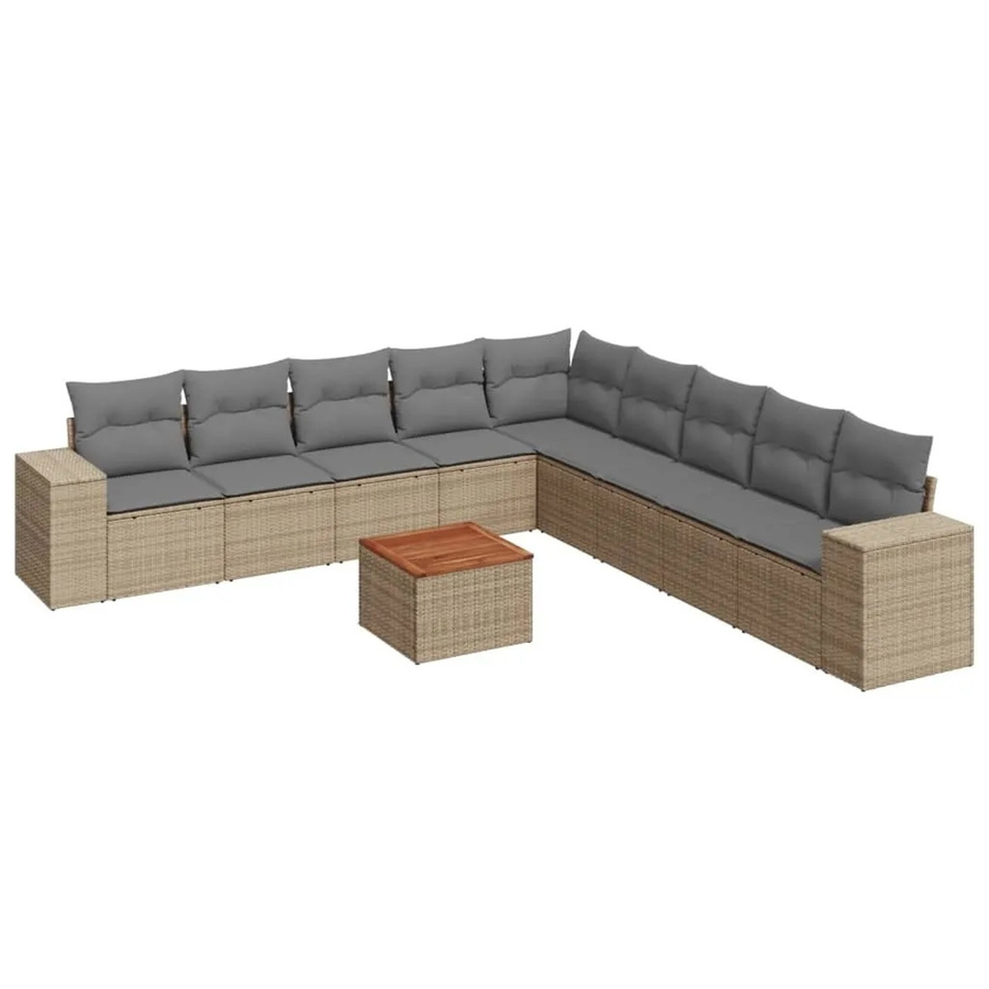 vidaXL 10-tlg. Garten-Sofagarnitur in L-Form aus Poly-Rattan und Akazienholz mit Kissen, Beige-grau - Bild 2