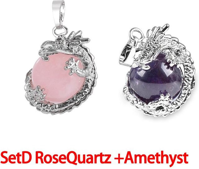 Halskette mit Amethyst- und RoseQuart-Anhänger, Drache, Unisex, 45 cm - Bild 1